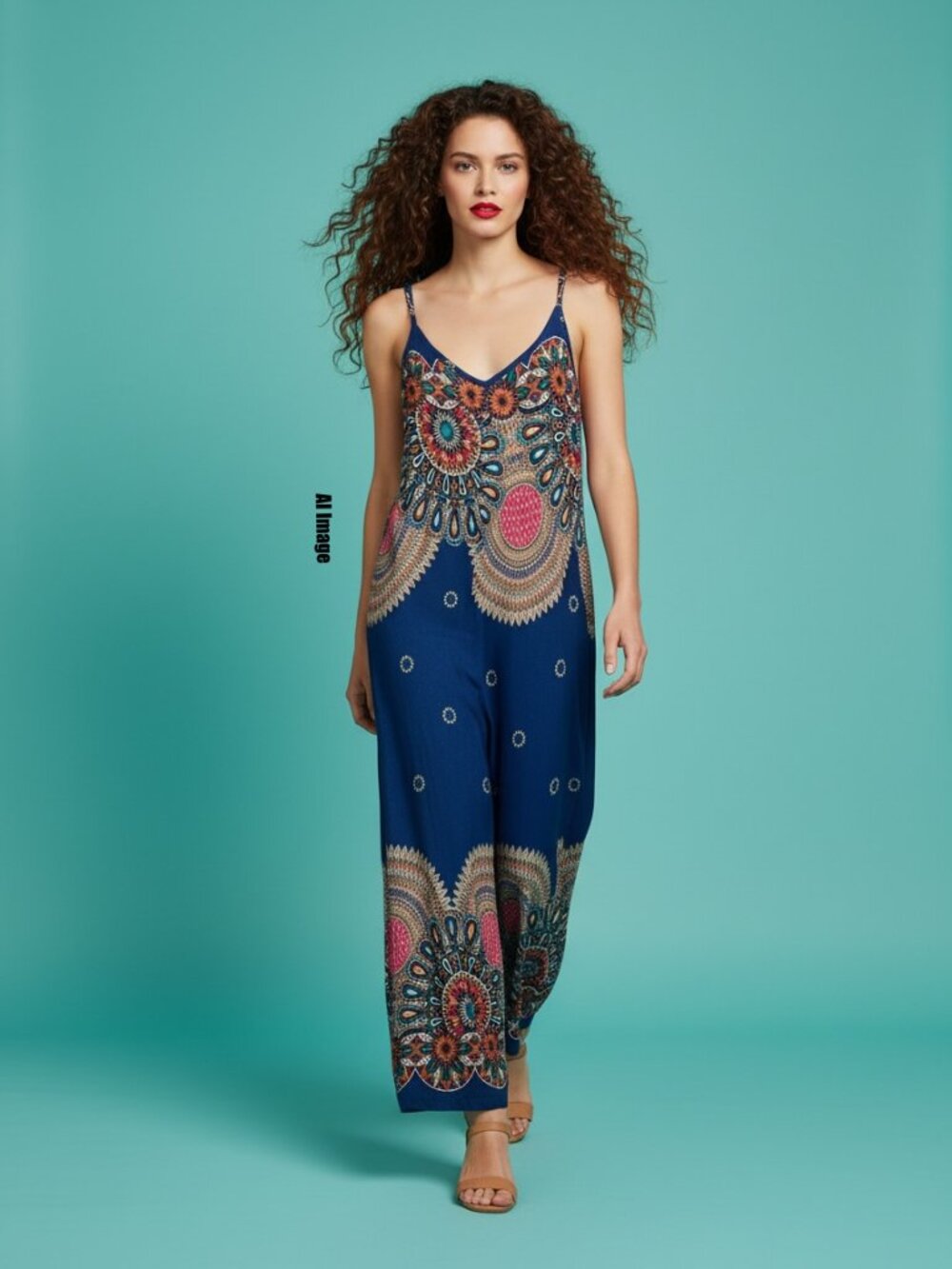 Unbranded Rayon Adjustable Spaghetti Strap Bohemian Jumpsuit Size M